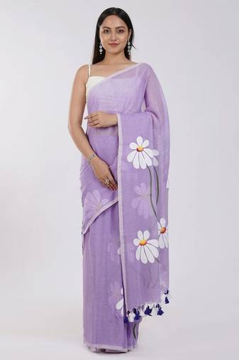 Purple pure cotton printed zari work saree with blouse