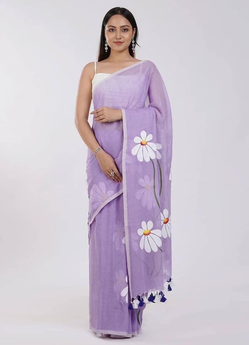 Purple pure cotton printed zari work saree with blouse