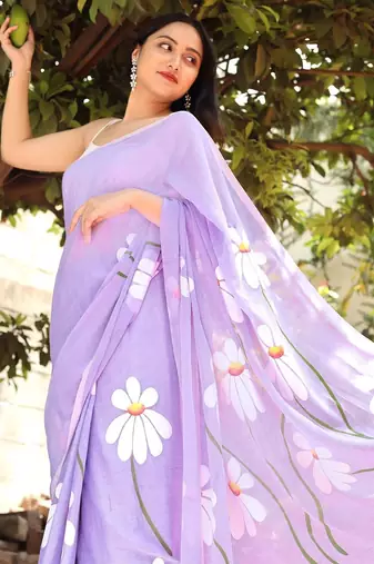 Purple pure cotton printed zari work saree with blouse