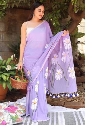 Purple pure cotton printed zari work saree with blouse 3
