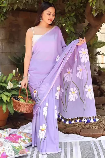 Purple pure cotton printed zari work saree with blouse