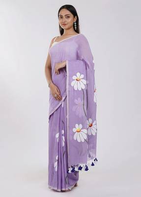 Purple pure cotton printed zari work saree with blouse 4