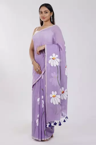 Purple pure cotton printed zari work saree with blouse