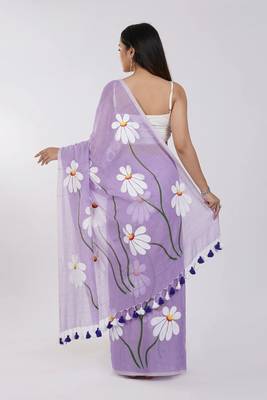 Purple pure cotton printed zari work saree with blouse 5