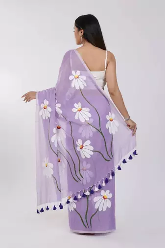 Purple pure cotton printed zari work saree with blouse