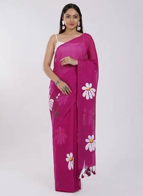 Pink pure cotton printed zari work saree with blouse 1