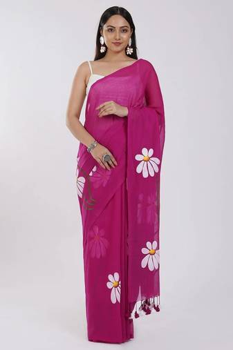 Pink pure cotton printed zari work saree with blouse