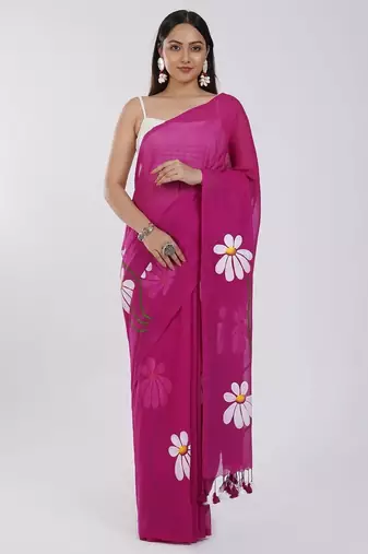 Pink pure cotton printed zari work saree with blouse