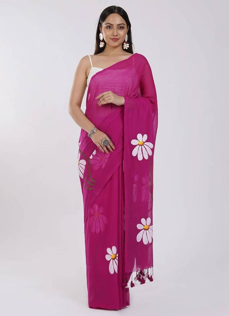 Pink pure cotton printed zari work saree with blouse