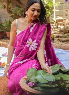 Pink pure cotton printed zari work saree with blouse 2