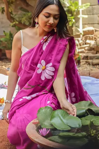 Pink pure cotton printed zari work saree with blouse