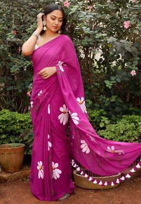 Pink pure cotton printed zari work saree with blouse 3