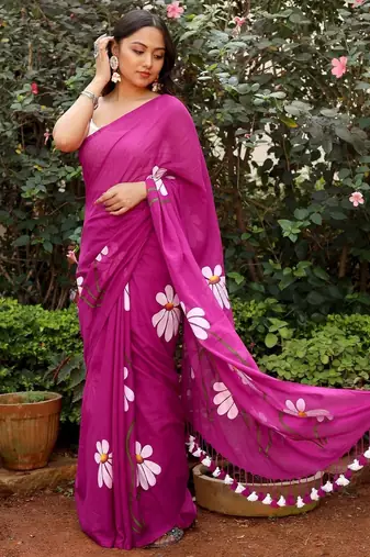 Pink pure cotton printed zari work saree with blouse