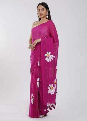 Pink pure cotton printed zari work saree with blouse 4