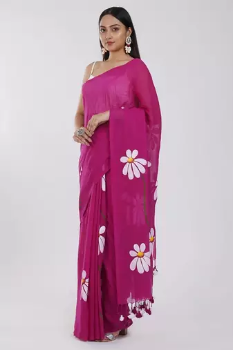 Pink pure cotton printed zari work saree with blouse