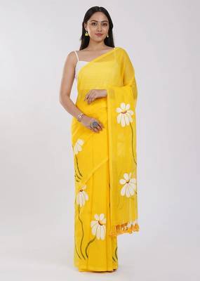 Yellow pure cotton printed zari work saree with blouse 1
