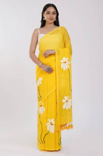 Yellow pure cotton printed zari work saree with blouse
