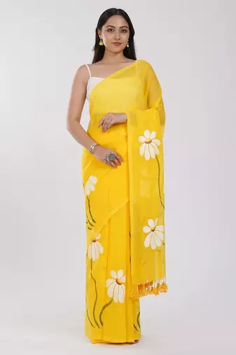 Yellow pure cotton printed zari work saree with blouse