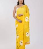 Yellow pure cotton printed zari work saree with blouse