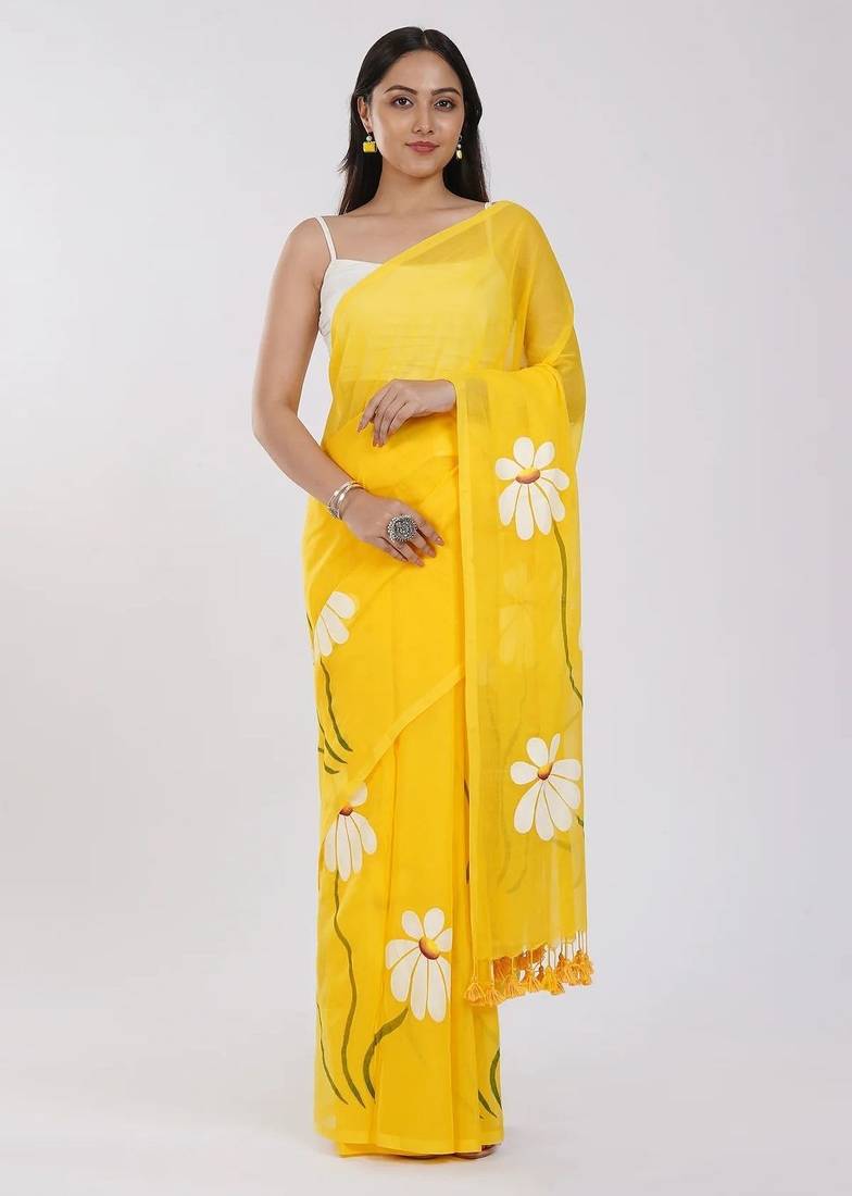 Yellow pure cotton printed zari work saree with blouse