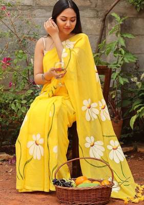 Yellow pure cotton printed zari work saree with blouse 2