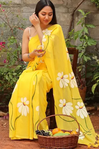 Yellow pure cotton printed zari work saree with blouse