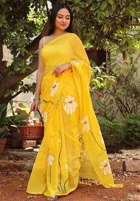 Yellow pure cotton printed zari work saree with blouse 3