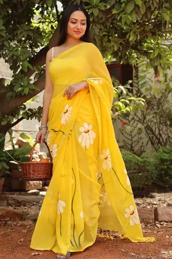 Yellow pure cotton printed zari work saree with blouse