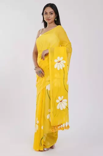 Yellow pure cotton printed zari work saree with blouse