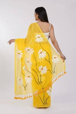 Yellow pure cotton printed zari work saree with blouse 5