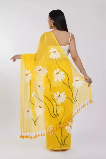 Yellow pure cotton printed zari work saree with blouse