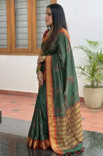 Green blended cotton embroidered zari work saree with blouse