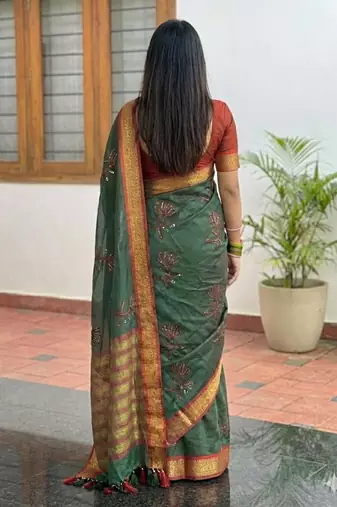 Green blended cotton embroidered zari work saree with blouse