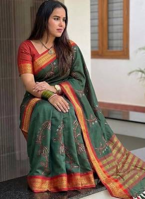 Green blended cotton embroidered zari work saree with blouse 5