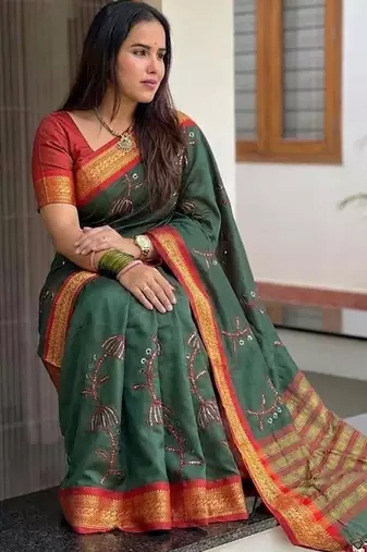 Green blended cotton embroidered zari work saree with blouse