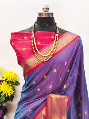 Blue pure silk woven zari work saree with blouse 1