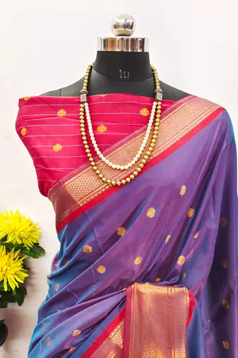 Blue pure silk woven zari work saree with blouse