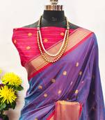 Blue pure silk woven zari work saree with blouse