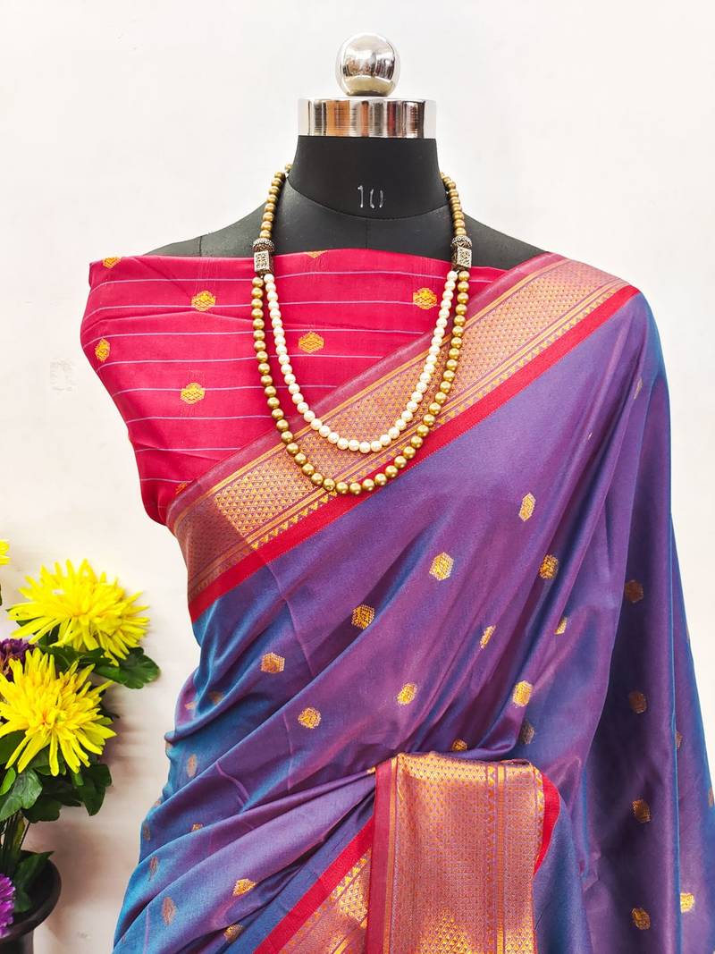 Blue pure silk woven zari work saree with blouse
