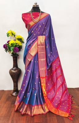 Blue pure silk woven zari work saree with blouse 2