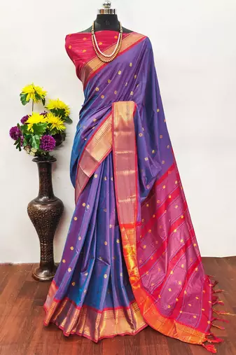Blue pure silk woven zari work saree with blouse