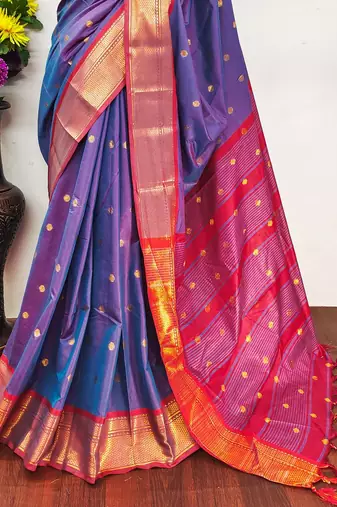 Blue pure silk woven zari work saree with blouse