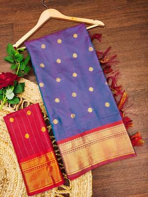 Blue pure silk woven zari work saree with blouse 4