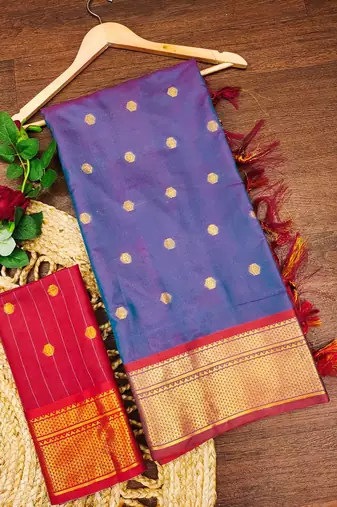 Blue pure silk woven zari work saree with blouse