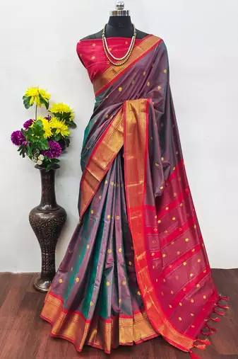 Grey pure silk woven zari work saree with blouse