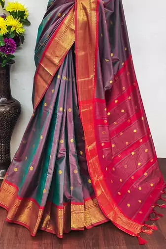 Grey pure silk woven zari work saree with blouse