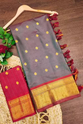 Grey pure silk woven zari work saree with blouse