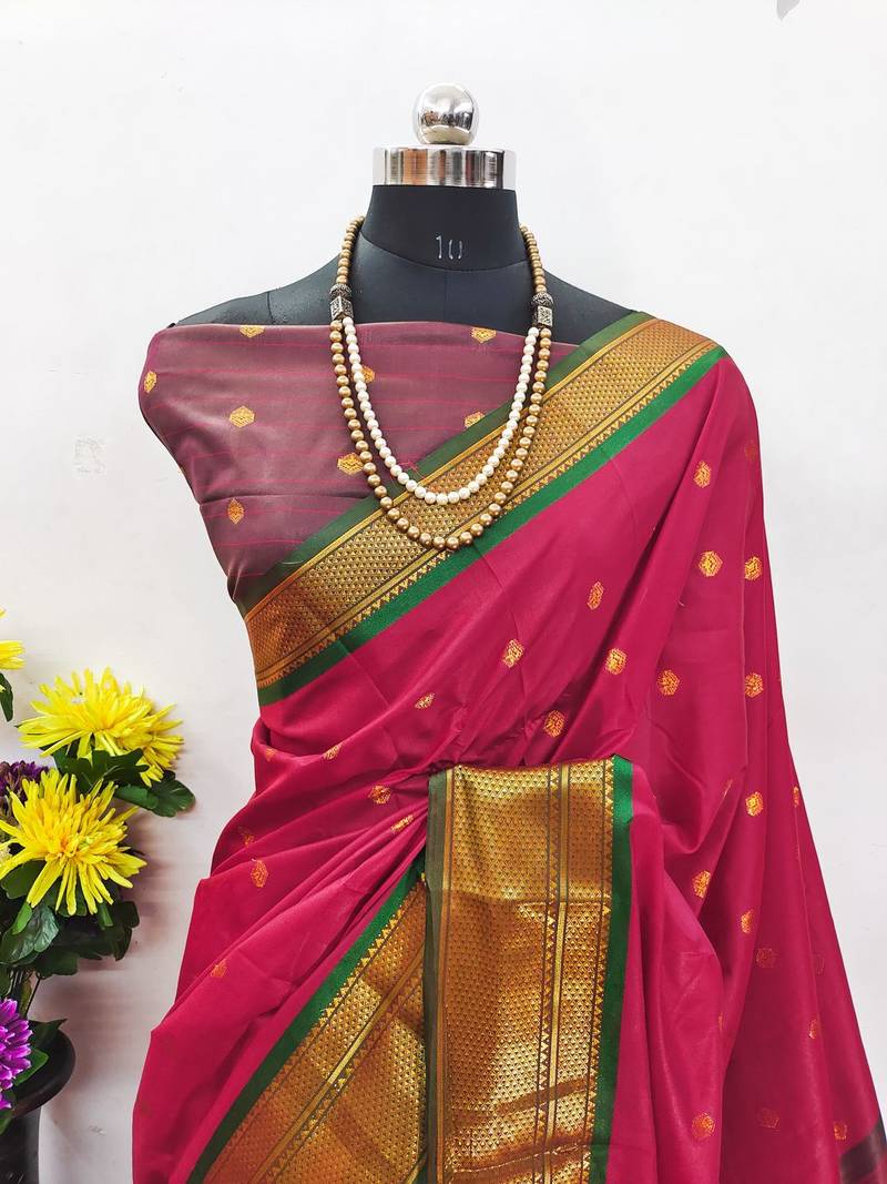 Red pure silk woven zari work saree with blouse