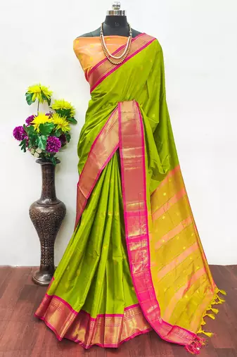 Dark green pure silk woven zari work saree with blouse