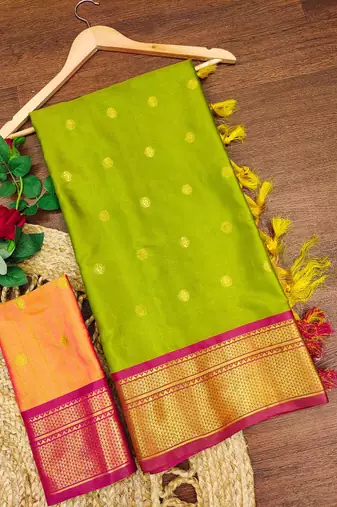 Dark green pure silk woven zari work saree with blouse